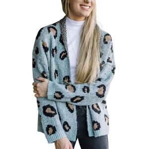 Hem & Thread Women's Cardigan Leopard Print Sweater M/L